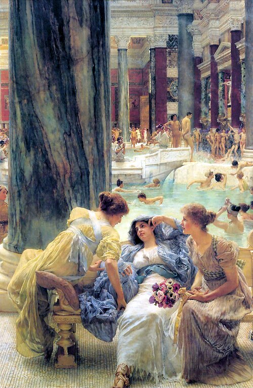 Roman women relaxing in an ancient bathhouse, engaging in beauty and fragrance rituals, surrounded by classical architecture and water.