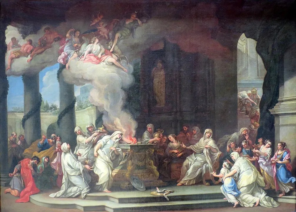 18th-century painting by Alessandro Marchesini depicting the ritual dedication of a Vestal Virgin in ancient Rome, surrounded by Roman priests and symbols of sacred purity.
